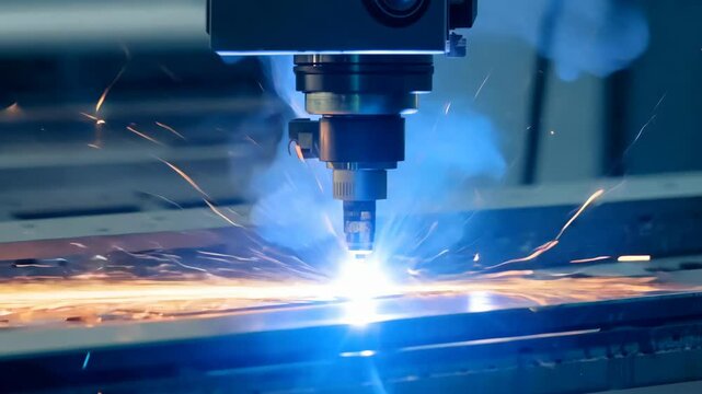 Laser cutting process in a manufacturing facility highlighting precision on metal components