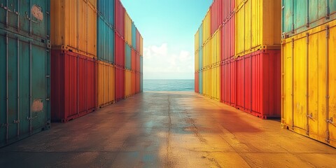 Fototapeta premium Colorful Shipping Containers Leading to the Sea