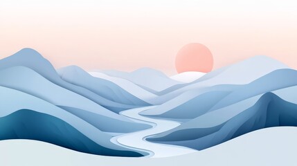 A beautiful landscape of snowy mountains with a winding path, crested by a soft pastel sunrise, creating a serene and tranquil scene in the snowy wilderness.