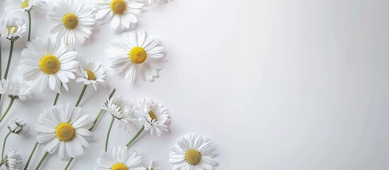 Obraz premium Attractive chamomile flowers on a white background arranged in a flat lay with room for text. Copy space image. Place for adding text and design