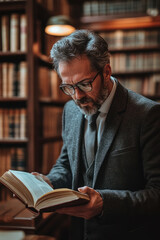 Entrepreneurial Learning,  An entrepreneur studies business books in a library, gaining knowledge and insights to enhance their business skills and strategies