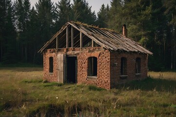 Obraz premium A close up on an abandoned hut, shack, or house made out of brick located next to ruins of an old church spotted in the middle of a dense forest or moor, next to a vast field, meadow or pastureland