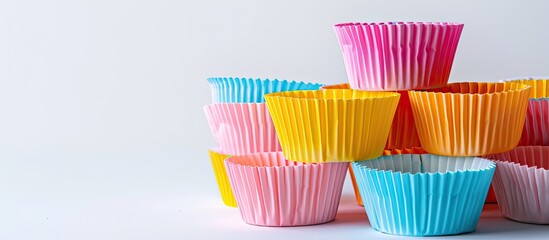 Multicolored empty paper baking cups on a white backdrop with copyspace