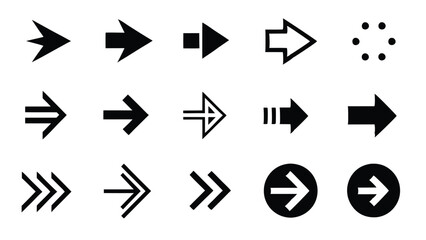 Set of 18 simple and modern black vector arrow icons.