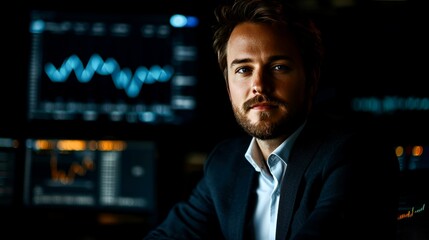 Fototapeta premium Confident Man in Suit with Blurred Data Screens in Background