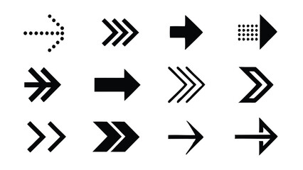 A set of 12 modern, simple, flat, black arrow icons.