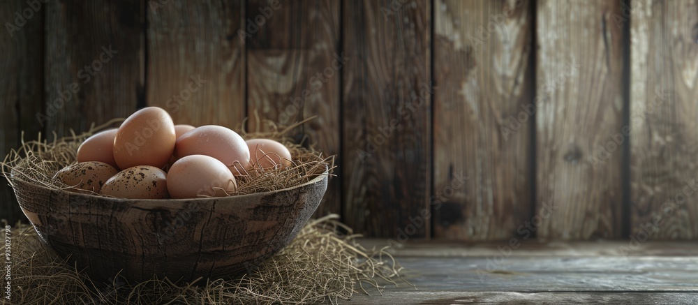 Canvas Prints Eggs in a deep bowl resting on hay against a wooden backdrop copy space