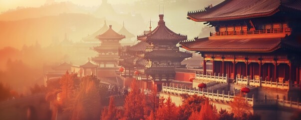 A beautiful oriental city with many buildings and a red and orange sky
