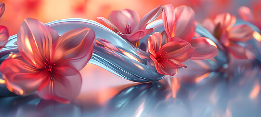 A vibrant close-up of a metallic 3D object intertwined with delicate flowers under soft morning light