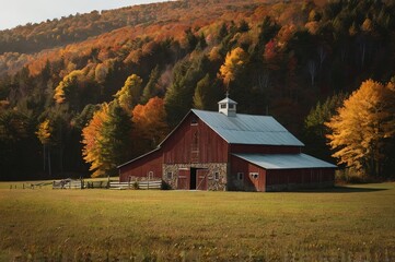 Obraz premium Barn in Vermont country side surrounded by autumn trees and foliage