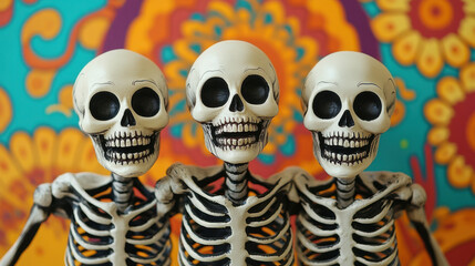 Cheerful Skeletons,  A trio of happy skeletons poses together in front of a colorful Halloween background, ideal for spooky celebrations and festive occasions