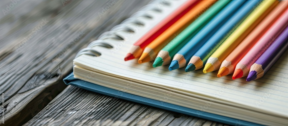 Poster empty notebook with vibrant crayons. copy space image. place for adding text and design