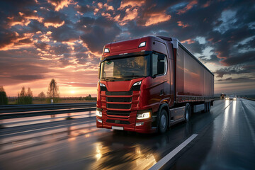 Photorealistic photograph of a red  truck on the highway at sunset, with illuminated lights reflecting off wet asphalt and a dramatic orange sky, highlighting its sleek design and modern features