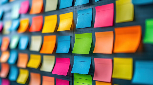 Colorful Sticky Notes,  A vibrant array of sticky notes on a wall planner, showcasing effective organization and planning for educational success