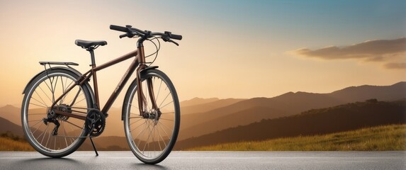 Fototapeta premium Brown Bicycle Parked on Road with Mountain View and Sunset
