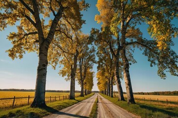 Naklejka premium Country road through the green fields and golden deciduous trees (oak, maple, birch). Clear blue sky.