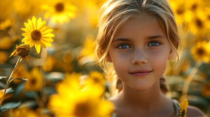 Fototapeta premium A Young Girl with Blonde Hair Smiles in a Field of Yellow Flowers