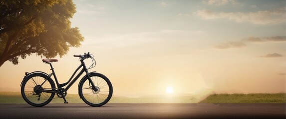 Fototapeta premium Black Bicycle Parked by a Tree at Sunset