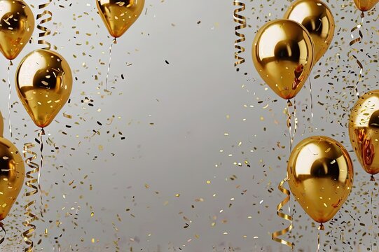 Festive background with gold balloons and scattered golden confetti. 