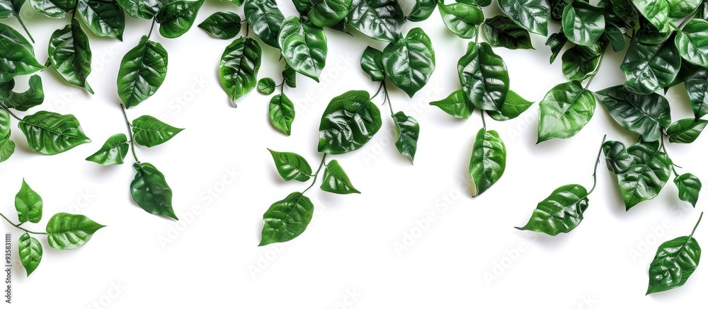 Wall mural images of green leaves set against a white background. copy space image. place for adding text and d