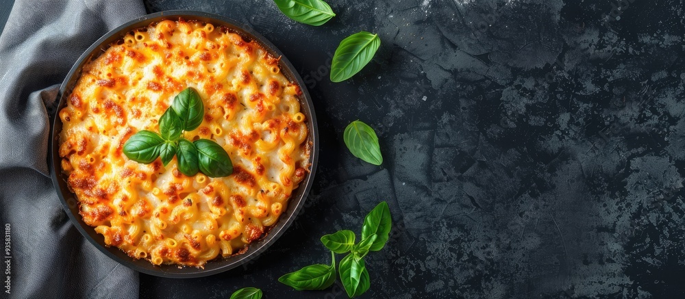 Wall mural Trendy hybrid food Mac and cheese pizza on a dark background Top view copyspace