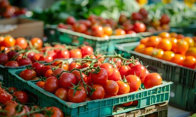 Delicious red tomatoes in Summer tray market agriculture farm full of organic. Fresh tomatoes, It can be used as background. 