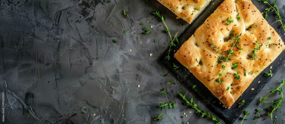 Canvas Prints Delicious Freshly Baked Focaccia Bread with Fresh Thyme. Copy space image. Place for adding text and design