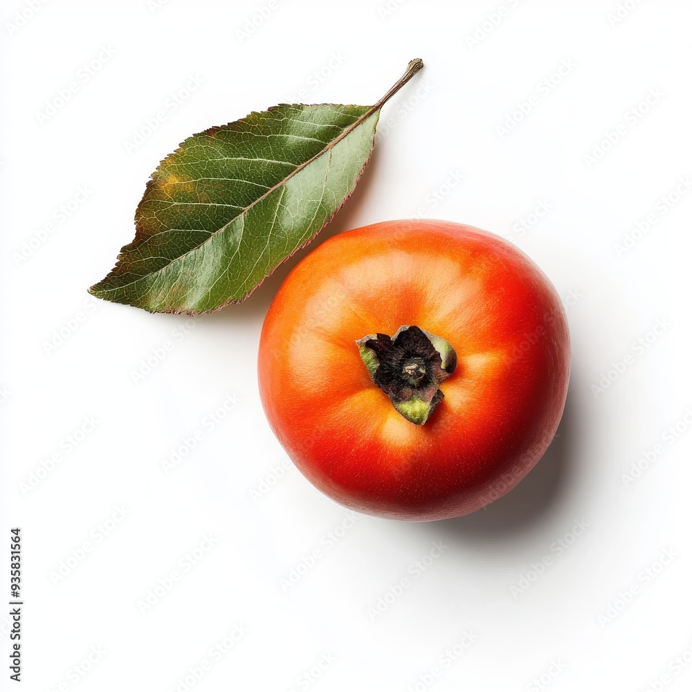 Wall mural an image of ripe persimmon fruit with a green leaf on a white background