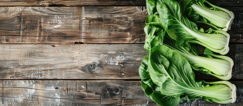 Poster Fresh bok choy on a wooden surface. Copy space image. Place for adding text and design