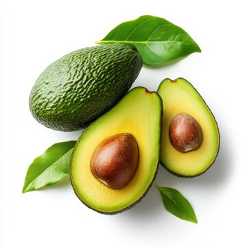 In a top down view, an avocado with a green leaf appears on a white background