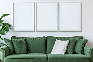 Mockup of Three Empty White Wall Art A4 Posters on White Wall Above Green Sofa in Minimalist Interior Design

