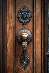 Bronze Door Handle,  Close-up view of an ornate bronze door handle on a vintage wooden door, highlighting detailed craftsmanship and design