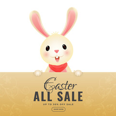 Easter Sale Poster Design with Cute Bunny Character on Png Background.