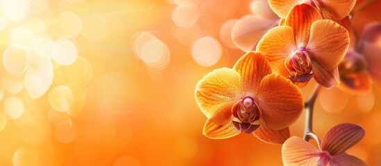 Obraz na płótnie Canvas orange background blur orchid artistic orchid flower natural backdrop idea. Copy space image. Place for adding text and design
