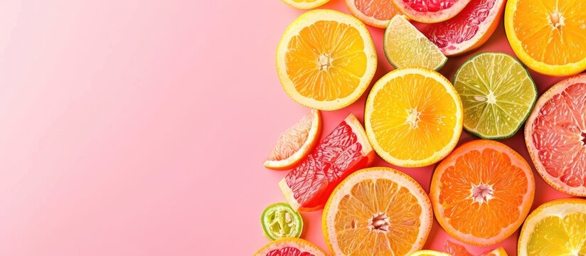 Fresh assortment of citrus fruits Various citrus fruits against a pink background Fruit food frame border Background featuring citrus fruits Healthy eating and diet copy space