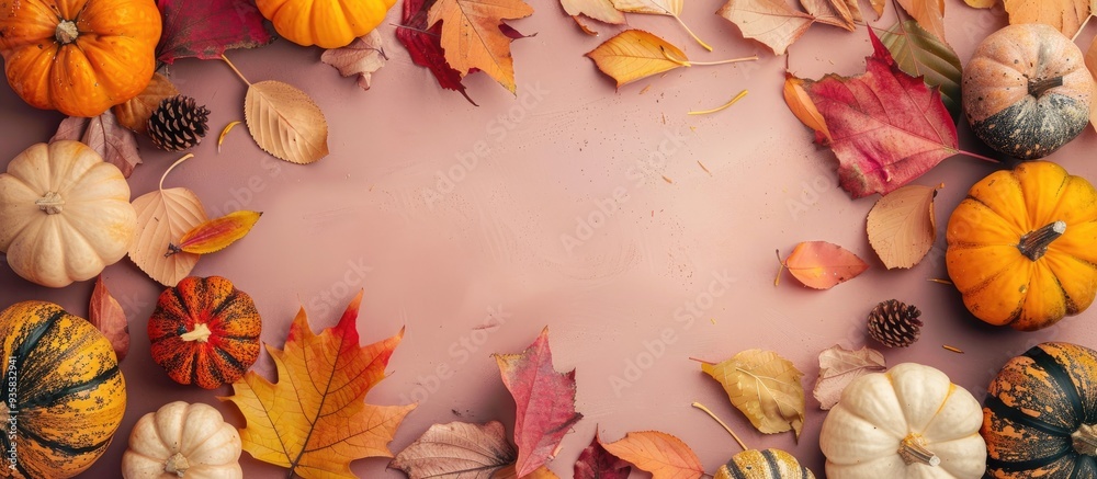 Canvas Prints autumn minimal composition a frame created with colorful dried leaves and pumpkins flat lay top view