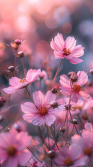 Obraz premium cosmos flower.Natural colorful panoramic landscape with many wild flowers of daisies against blue sky.Close up flowers blooming on softness style in spring summer under sunrise.