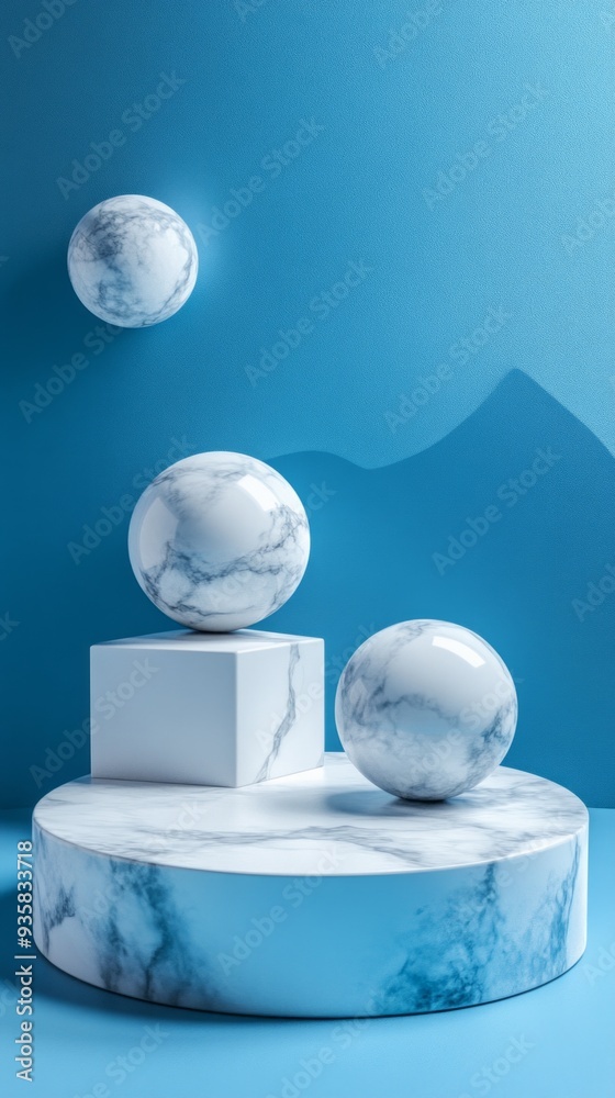 Poster Three marble spheres and a cube are artistically arranged on a round platform, creating a striking contrast against a smooth blue background that emphasizes modern aesthetics