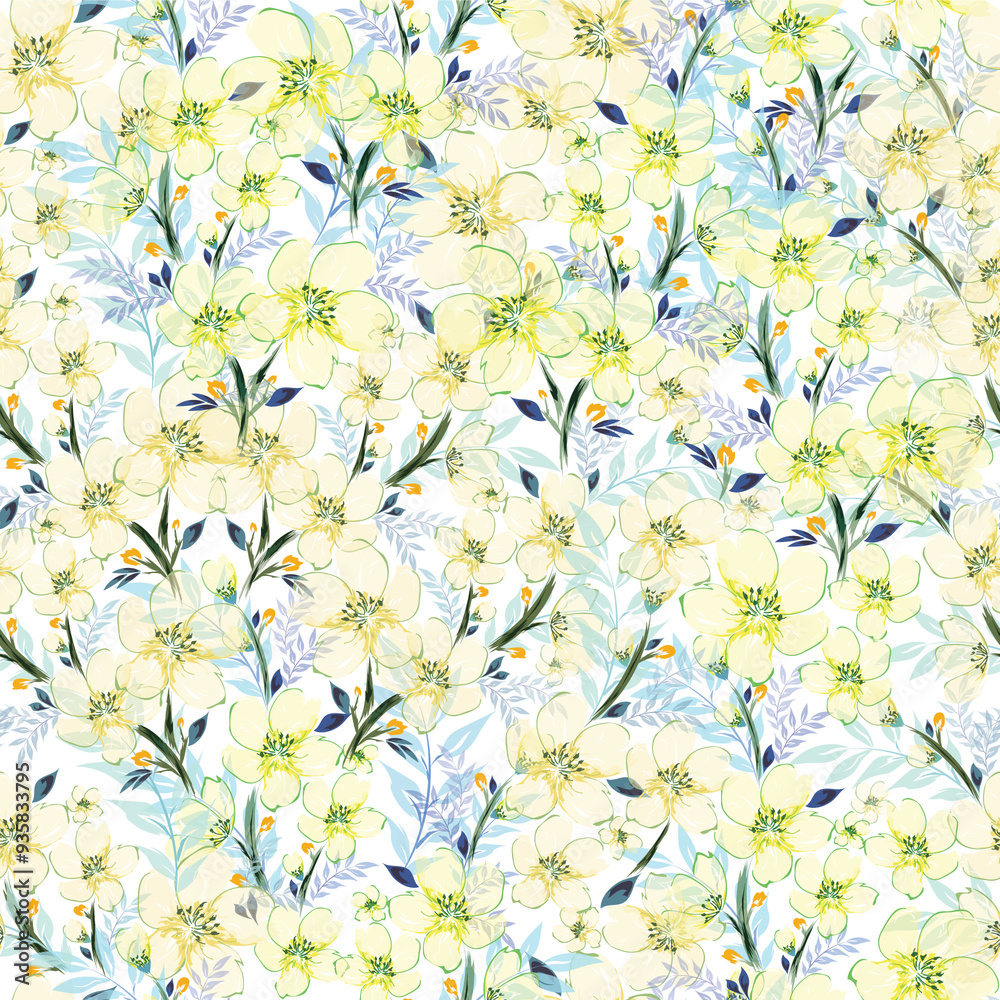 Wall mural Fabric print or seamless pattern background decorated with green floral.