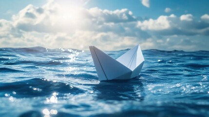 Small White Paper Boat In Big Ocean With Blue Sky And Sunshine - Business Opportunity/Vision Concept with generative ai