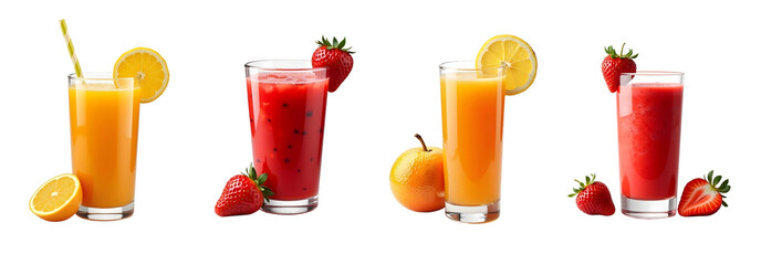 set of orange and strawberry juice glass isolated on transparent background