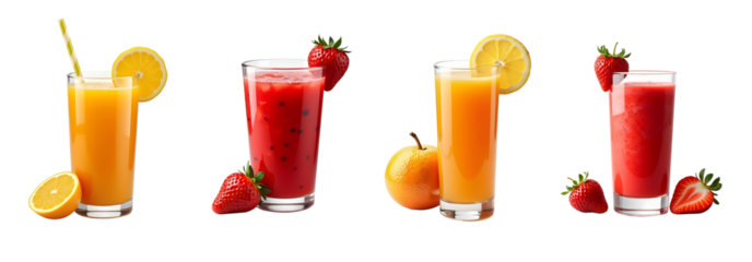 set of orange and strawberry juice glass isolated on transparent background
