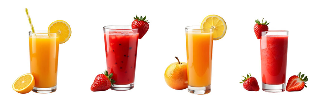 set of orange and strawberry juice glass isolated on transparent background