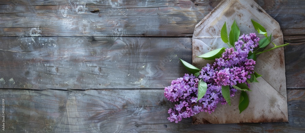 Canvas Prints Lilac branches inside an envelope on a wooden surface. Copy space image. Place for adding text and design