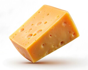 Single Cheddar Cheese Slice Floating Isolated on Transparent Background