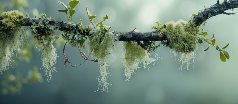 Usnea and Evernia lichens dangling from a tree branch. Copy space image. Place for adding text and design