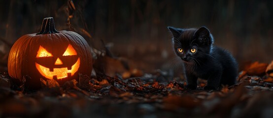 The haunting and eerie Halloween pumpkin with the black kitten zombie in an atmospheric dark setting