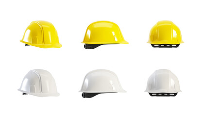 Set of hard hat isolated on white background, 3d render. Yellow and white helmet cutout for Labour Day concept.