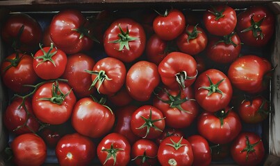 Delicious red tomatoes in Summer tray market agriculture farm full of organic. Fresh tomatoes, It can be used as background. 