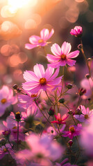 cosmos flower.Natural colorful panoramic landscape with many wild flowers of daisies against blue sky.Close up flowers blooming on softness style in spring summer under sunrise.